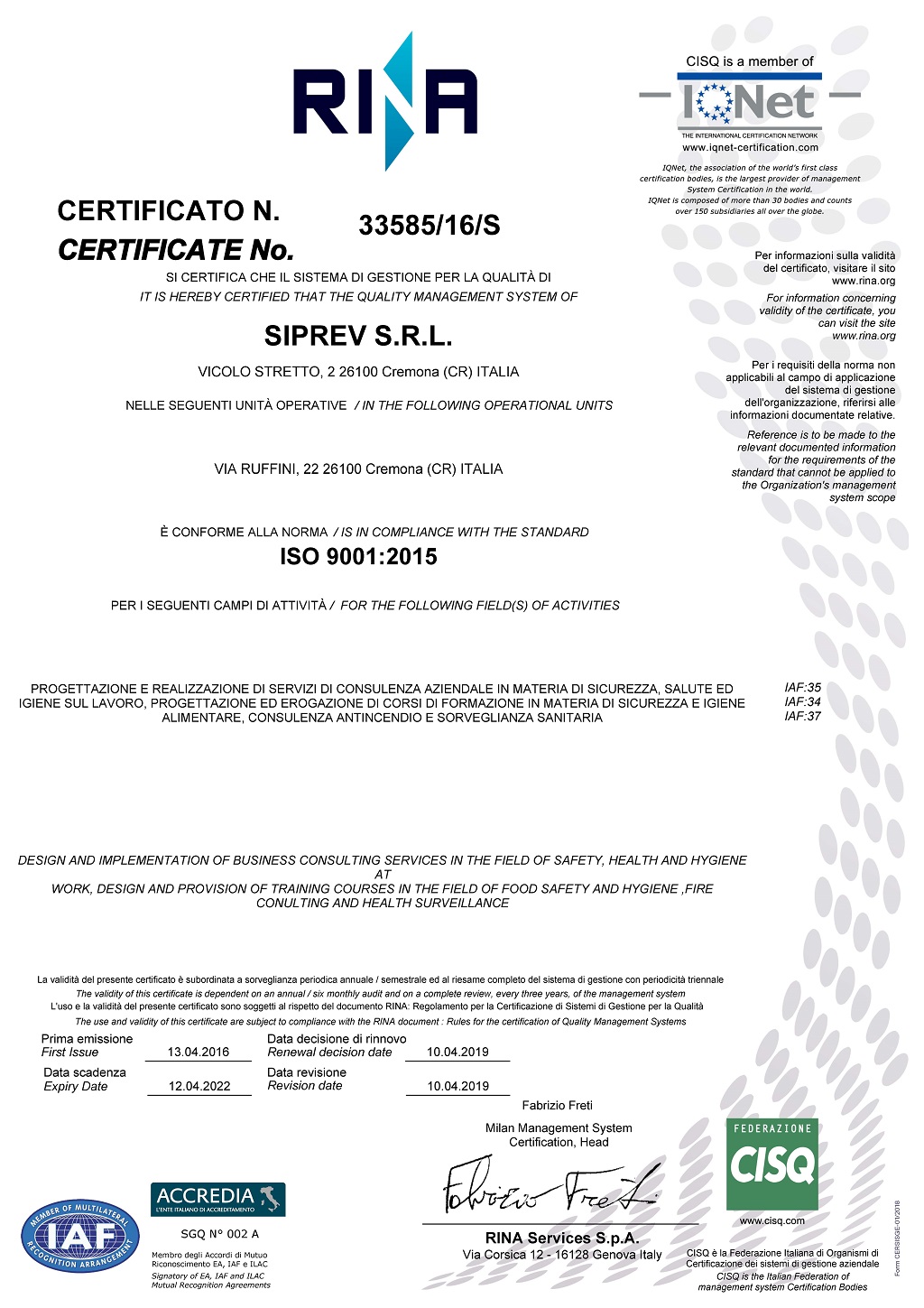 RINA certificato n. 33585 16 S ISO 9001 SIPREV